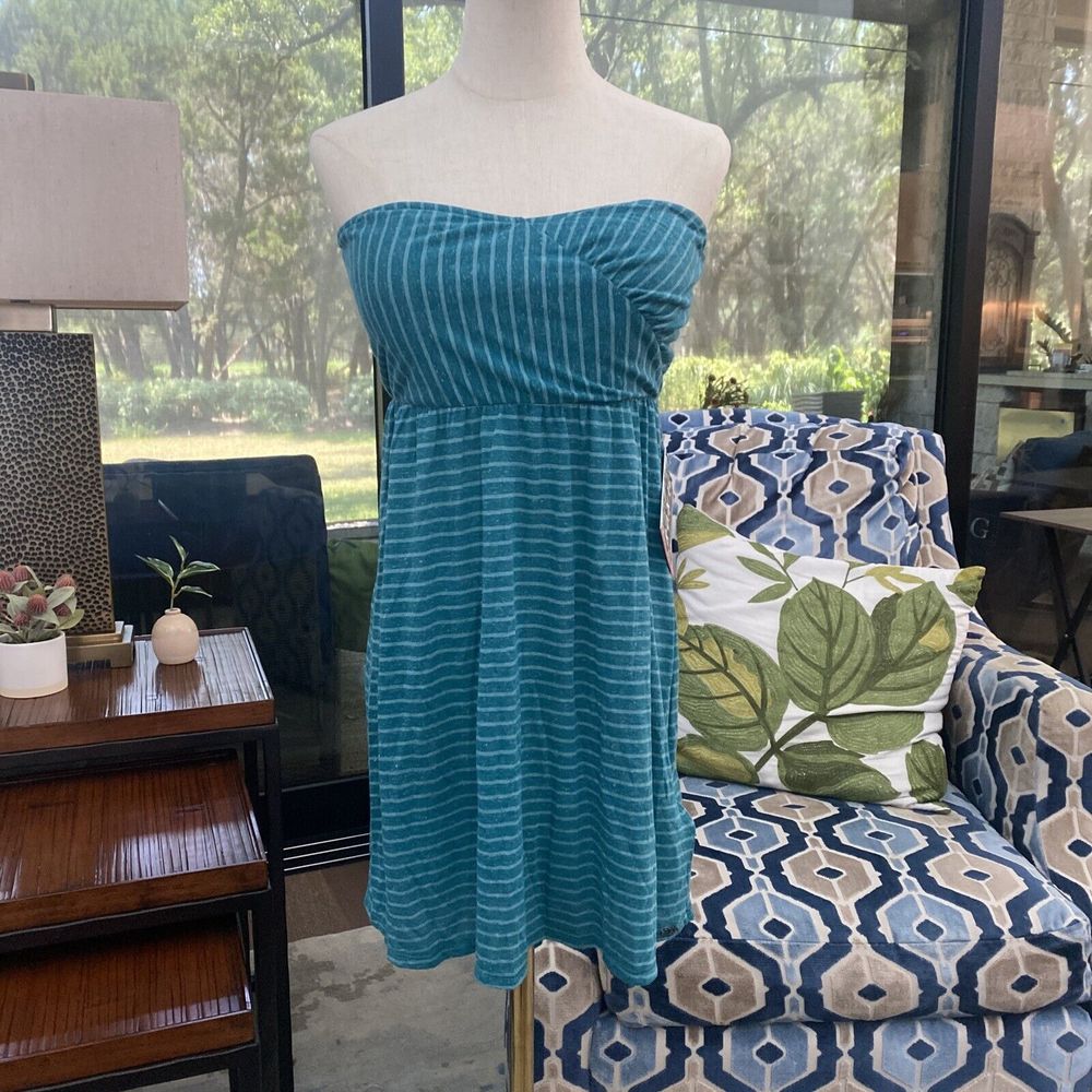 $45 NWT ROXY Womens Sailin On Teal Strapless Striped Dress - Size L Stretchy